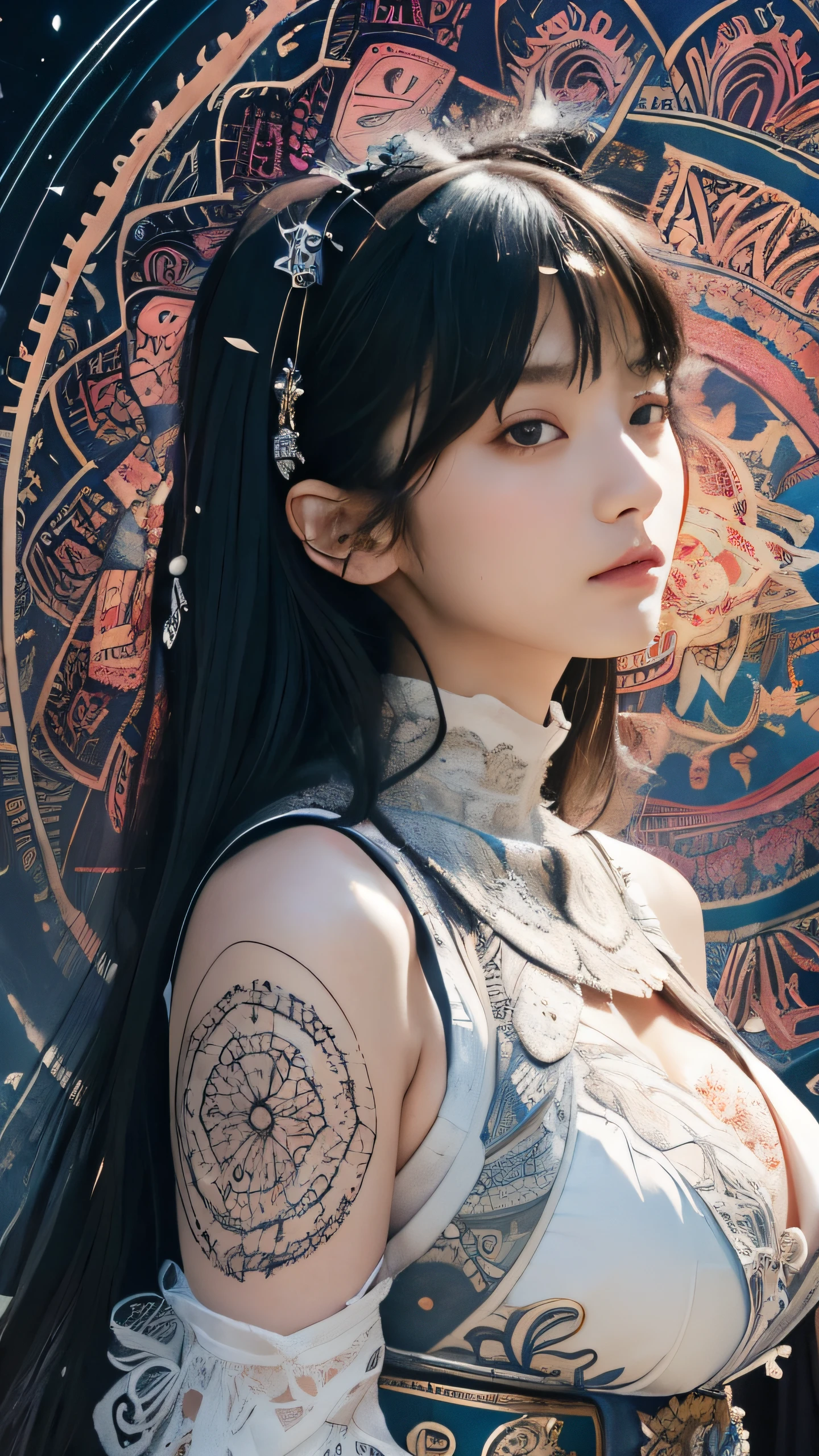 (masterpiece, top quality, best quality, official art, beautiful and aesthetic:1.2), (1girl, ), extreme detailed,colorful,highest detailed, official art, unity 8k wallpaper, ultra detailed, beautiful and aesthetic, beautiful, masterpiece, best quality, (zentangle, mandala, tangle, entangle) ,holy light,white foil,silver leaf art,glitter drawing, PerfectNwsjMajic, SuMetal, Suzuka Nakamoto, big breast