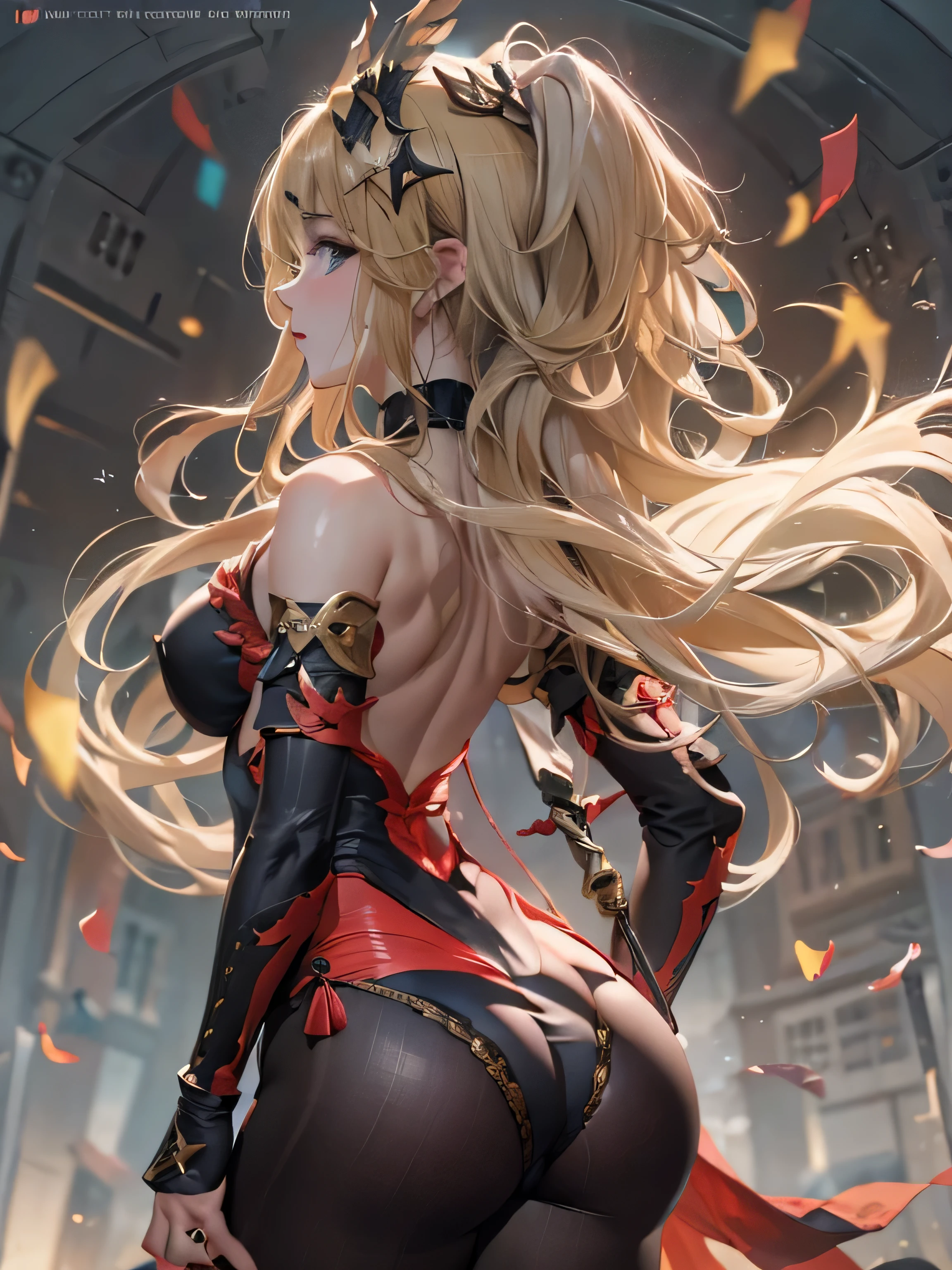 (photorealistic:1.8, highest quality:1.8,8K masterpiece:1.8,High resolution,muste piece:1.8,RAW Photos,cinematic lighting),No split screen,medieval fantasy、burning castle、 (1 Valkyrie:1.3)、((Completely naked、combat hair ornament、red leotard、bondage、choker、knee high tights、beautiful butt,beautiful thighs,plump nipples,Nipples are visible through the costume,cameltoe,slender abs:1.2),beautiful and detailed eyes:1.7,beautiful skin:1.8, (Soryu Asuka Langley)(character focus)、Stoic、 Fight monsters with a flaming sword、critical hit、(midium Hair:1.2,Beautiful, shiny, pale, gray, black, blonde hair:1.5))、(back view、back pose:1.3)、Angle from below