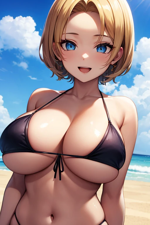 one woman, highest quality, masterpiece, big breasts, beautiful breasts, beautiful woman, blue eyes, Upper body, 2D, standing position, cleavage,  perfect eyes, anime characters, smile, open your mouth, blonde, Forehead visible, short hair, perfect body, Perfect contours, Frilly bikini, beach, 