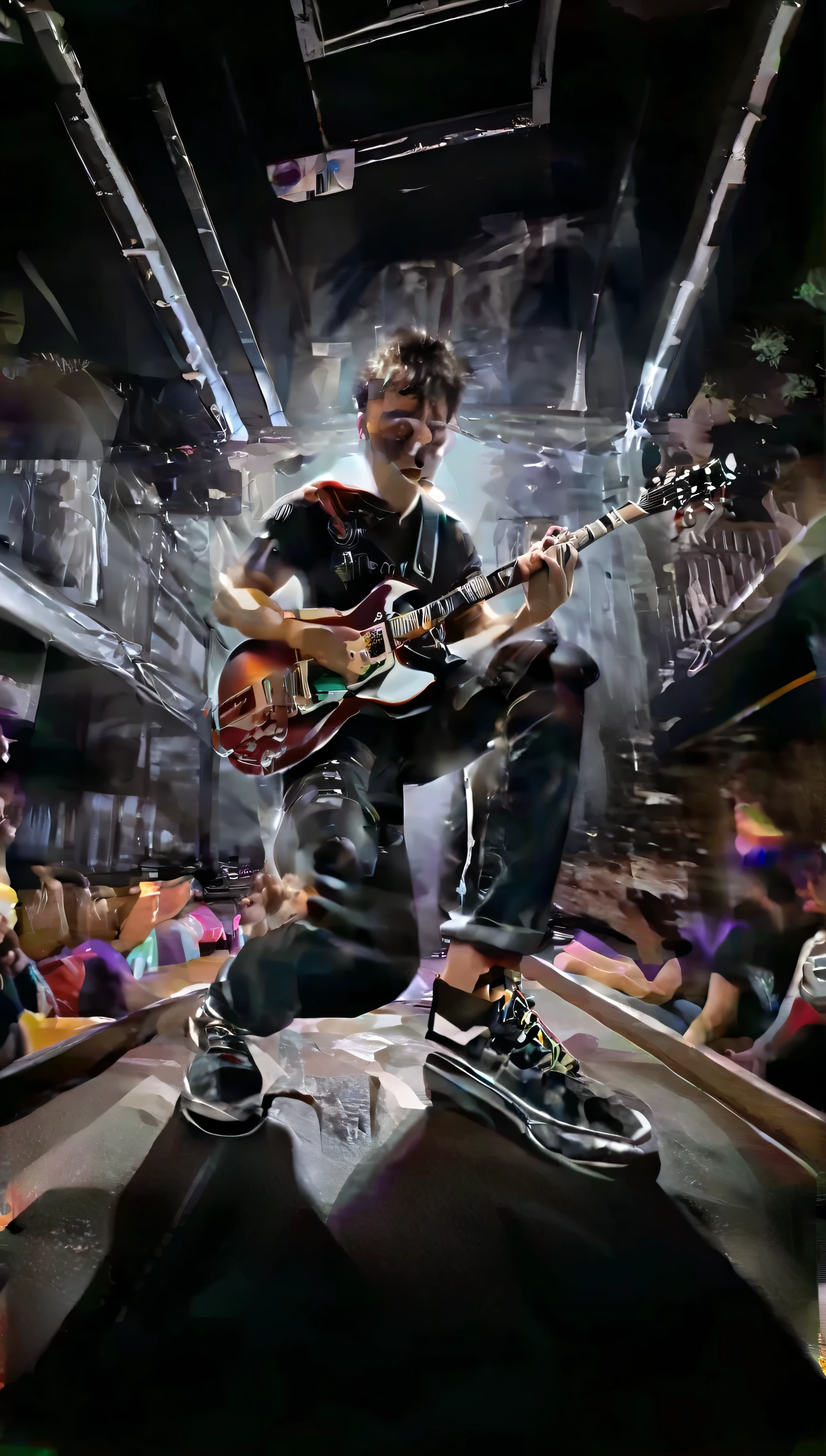 arafed image of a man playing a guitar in a concert, playing guitar onstage, shot with canon eoa 6 d mark ii, concert photography, rocking out, guitar solo, album art, photo taken in 2 0 2 0, guitarist, live concert photography, badass composition, fanart, by Eddie Mendoza, holding electric guitars, wide angle dynamic action shot, stage photography