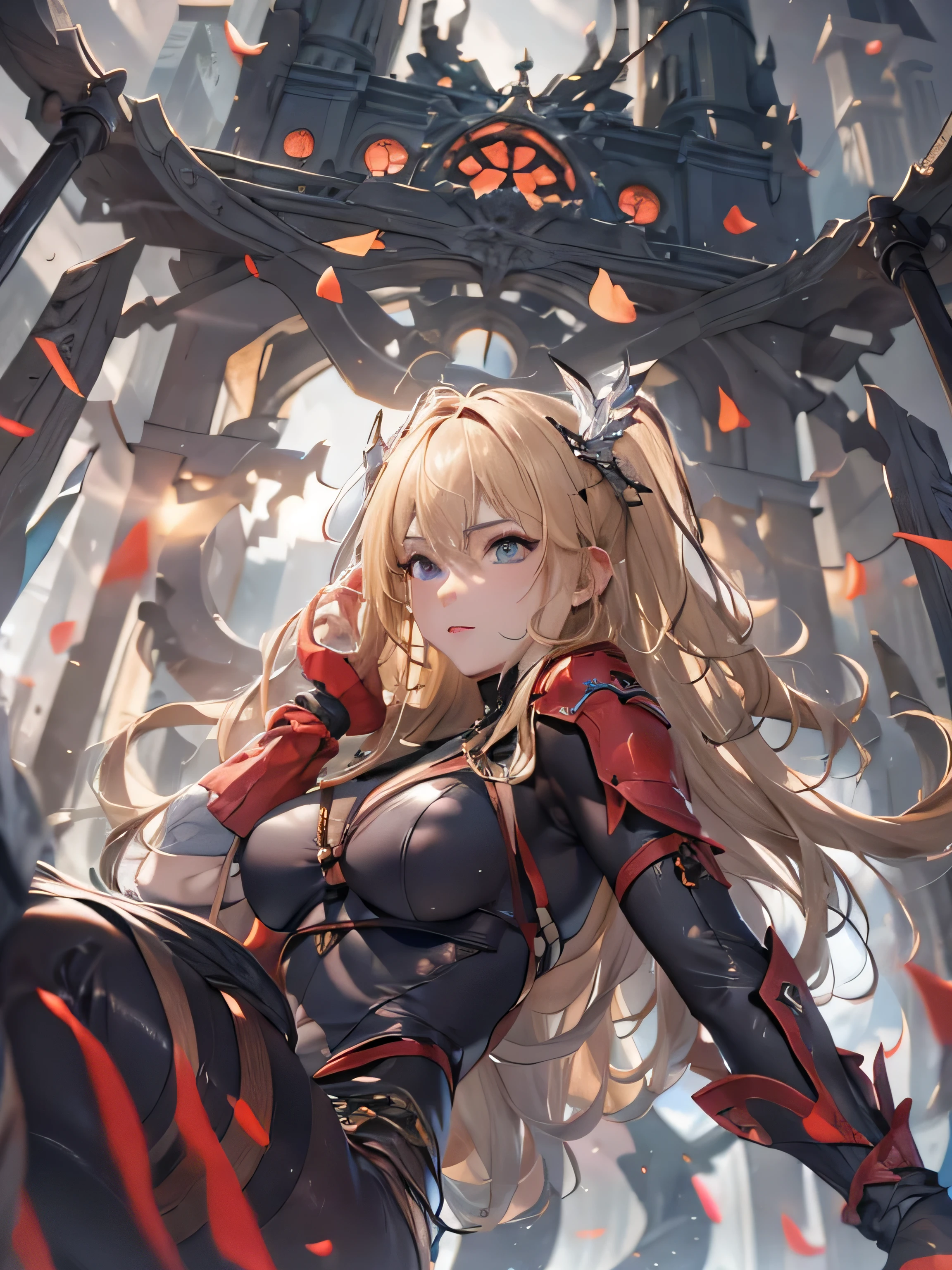 (photorealistic:1.8, highest quality:1.8,8K masterpiece:1.8,High resolution,muste piece:1.8,RAW Photos,cinematic lighting),No split screen,medieval fantasy、burning castle、 (1 Valkyrie:1.3)、((Completely naked、combat hair ornament、red leotard、bondage、choker、knee high tights、beautiful butt,beautiful thighs,plump nipples,Nipples are visible through the costume,cameltoe,slender abs:1.2),beautiful and detailed eyes:1.7,beautiful skin:1.8, (Soryu Asuka Langley)(character focus)、Stoic、 Fight monsters with a flaming sword、critical hit、(midium Hair:1.2,Beautiful, shiny, pale, gray, black, blonde hair:1.5))、(back view、back pose:1.3)、Angle from below