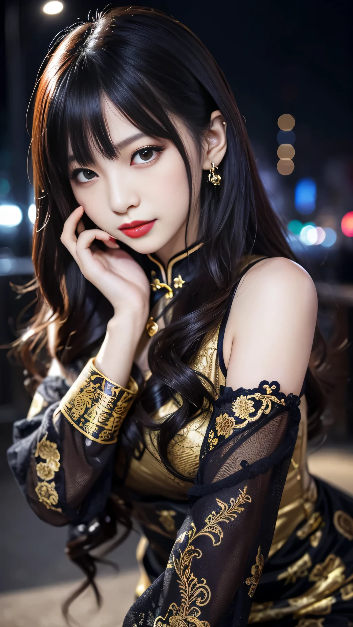 tra-detailed、Japanese、attractive beauty、seductive adult woman、pretty woman、piercing eyes、cool girl、wavy hair、swept bangs、Long Black and Gold Cheongsam、wide sleeves、Evil cadres、evil depravity、brainwash、mind control、lipstick、lip gloss、dark makeup、smirk、whisper in your ear、Evil expression、evil、hollow eyes,half-closed eyes、empty eyes、evil、church at night、vampire、succubus、vampire、Swear allegiance、sexy pose、hair ornaments、