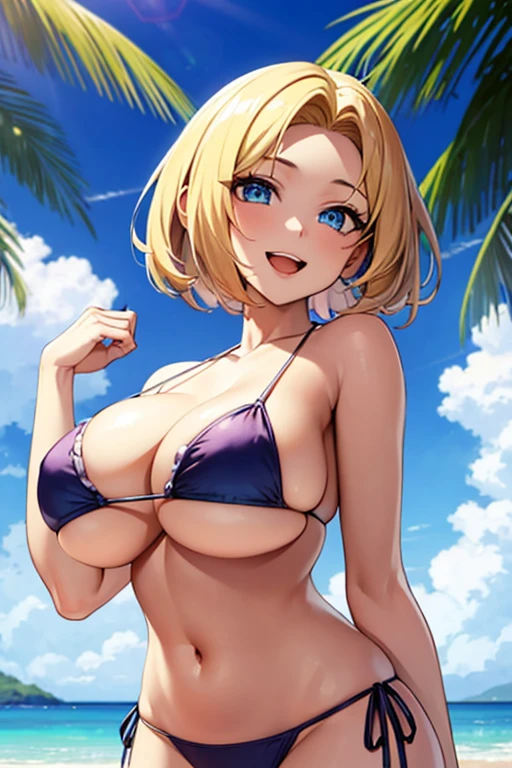 one woman, highest quality, masterpiece, big breasts, beautiful breasts, beautiful woman, blue eyes, Upper body, 2D, standing position, cleavage,  perfect eyes, anime characters, smile, open your mouth, blonde, Forehead visible, short hair, perfect body, Perfect contours, Frilly bikini, beach, underboob, 