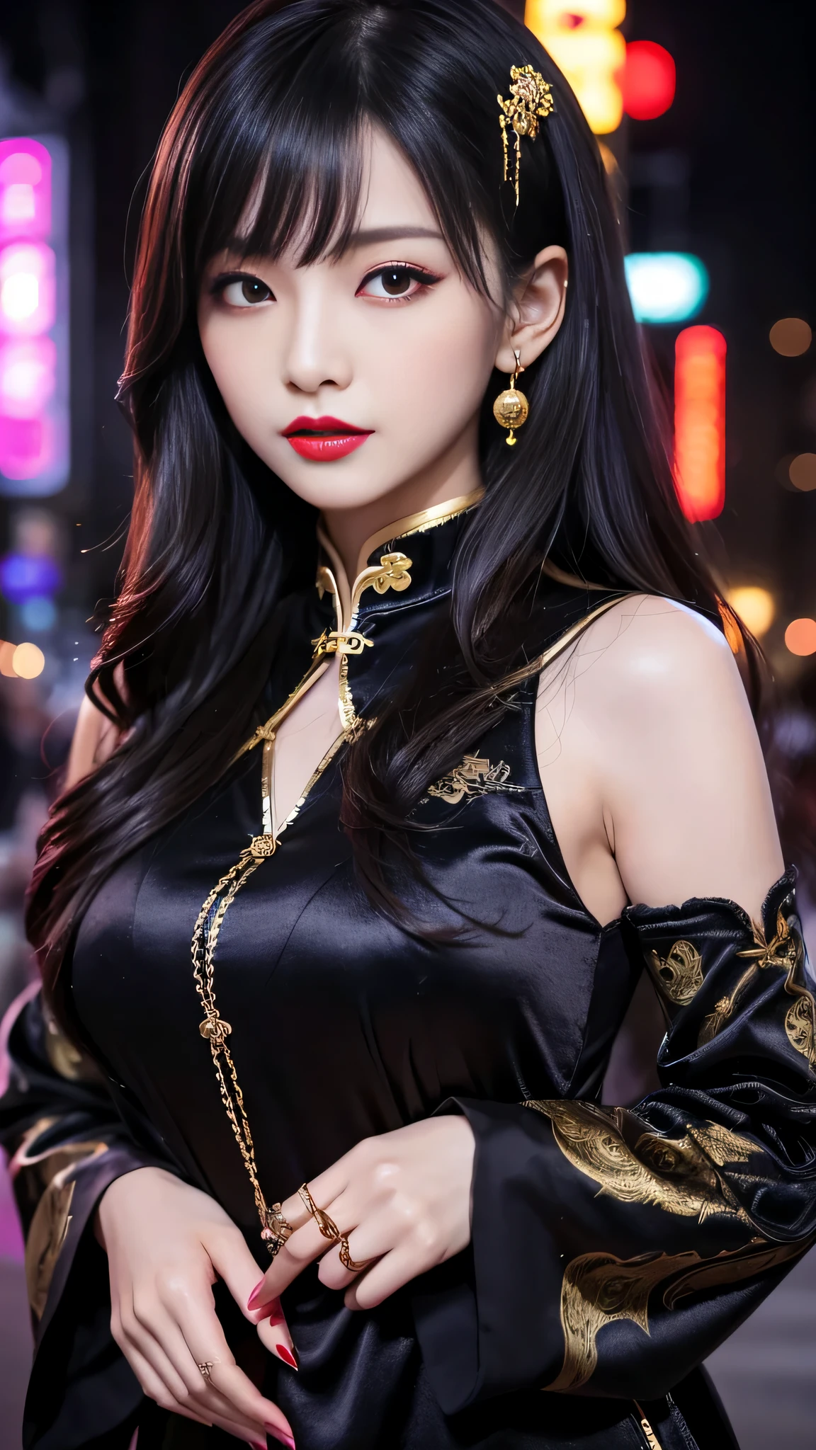 tra-detailed、Japanese、attractive beauty、seductive adult woman、pretty woman、piercing eyes、cool girl、wavy hair、swept bangs、Long Black and Gold Cheongsam、wide sleeves、Evil cadres、evil depravity、brainwash、mind control、lipstick、lip gloss、dark makeup、smirk、whisper in your ear、Evil expression、evil、hollow eyes,half-closed eyes、empty eyes、evil、church at night、vampire、succubus、vampire、Swear allegiance、sexy pose