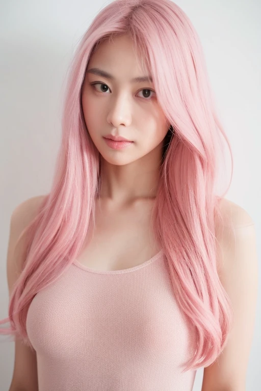 Portrait, A Woman, look at viewer, long pink hair, tank top, white background