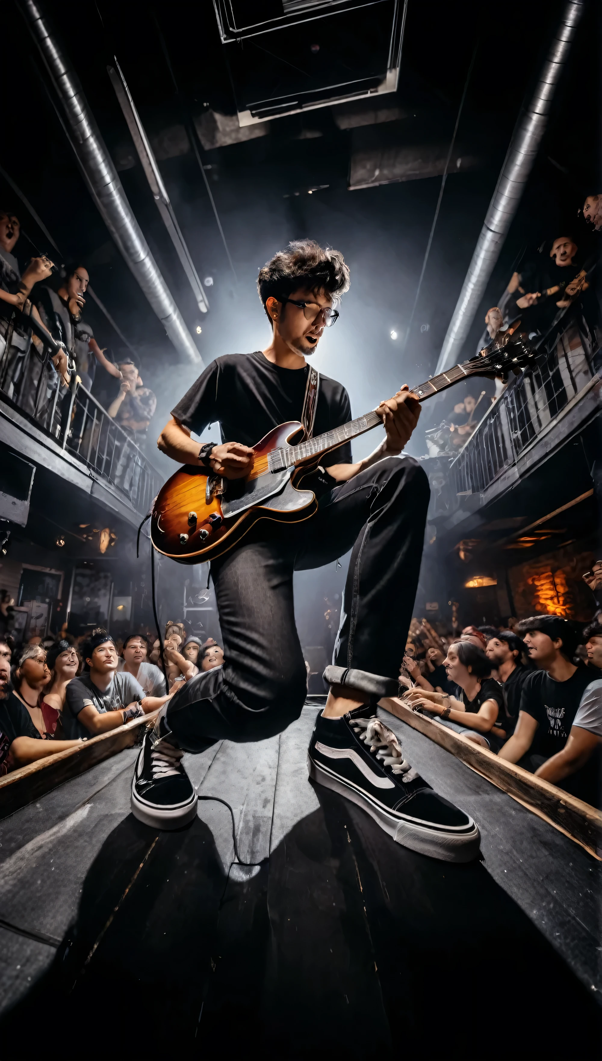 arafed image of a man playing a guitar in a concert, playing guitar onstage, shot with canon eoa 6 d mark ii, concert photography, rocking out, guitar solo, album art, photo taken in 2 0 2 0, guitarist, live concert photography, badass composition, fanart, by Eddie Mendoza, holding electric guitars, wide angle dynamic action shot, stage photography