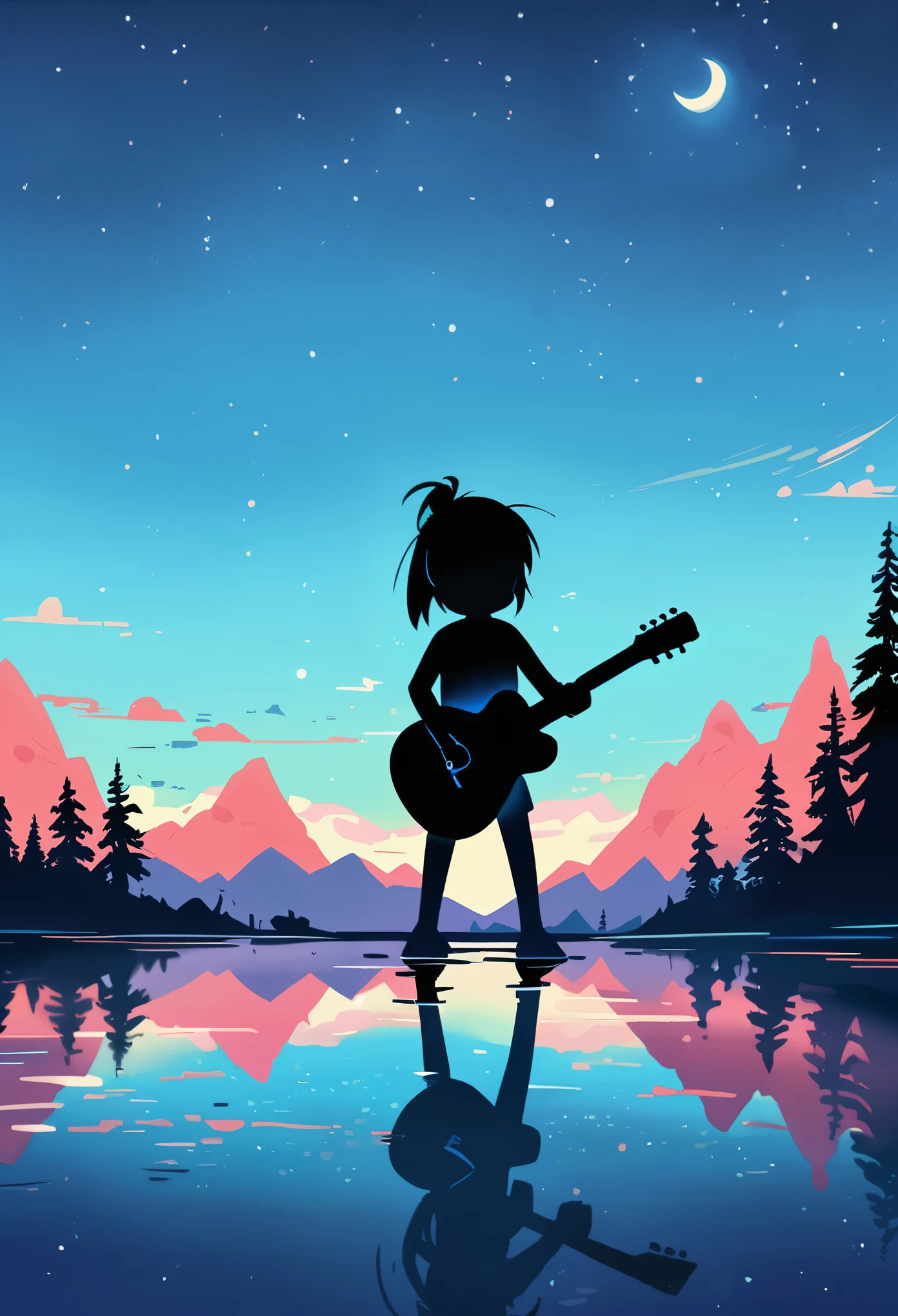 A silhouette of an artist playing guitar stands in the center, against the background there is calm nature with trees and mountains, reflection on water at night, in the style of cartoons, blue color, high resolution 