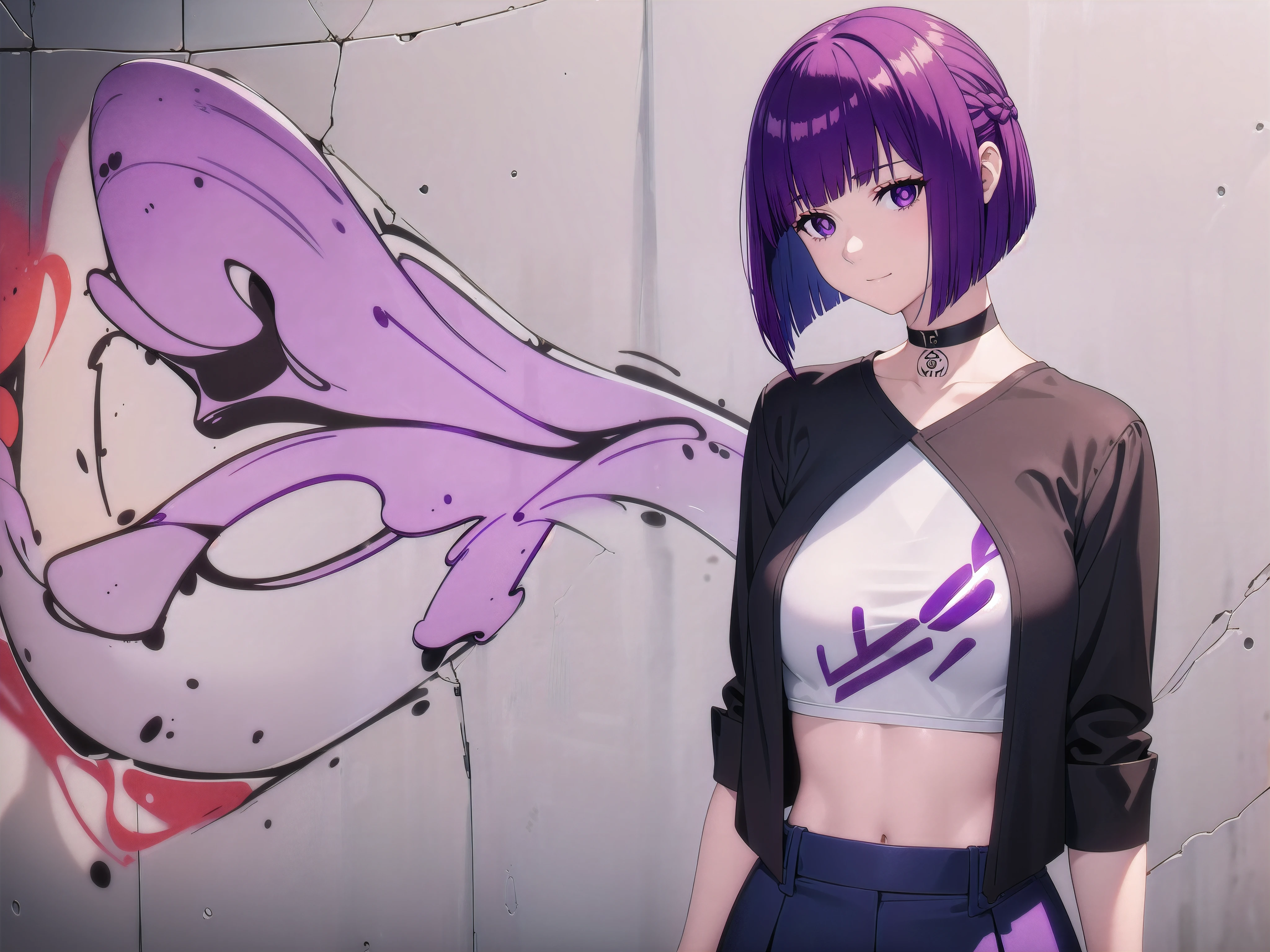 masterpiece, best quality, 1girl, solo, stylish crop top, smile, vibrant short purple hair, bobhair, short-hair, short bob hair, (((bobcut))), bob haircut, very short bob cut, lip length hair, blunt ends, (sciled bob), buzzed nape ((haircut:1.3)), undercut, bobbed hair, minibob, sidecut, shaved, purple eyes, graduation bob, straight short hair, short hair above the ears, Shot diagonally from the side, elegant braid, soft bangs, upper body, alluring choker, (graffiti:1.5), artistic paint splatter, seductive arms behind back, leaning against wall, exposed back, fashionable armband, urban hiphop style, flirty skirt, playful head tilt, intense expression, warm orange, dynamic asymmetrical design, bold geometric shapes, creative street art