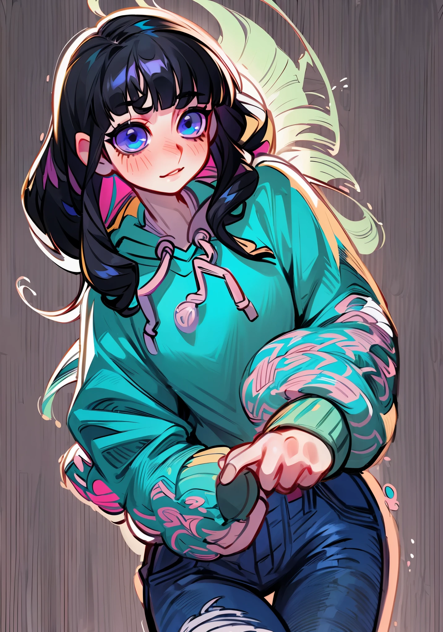 (best quality, masterpiece), 1girl, kimetsu no yaiba, masterpiece, best quality, (ultra detailed:1.5), 1girl, (solo:1.5), mature female, , black hair, blunt bangs, long straight hair, grey eyes, thick lips, hoodie, blue jeans, sneakers. simple background. oda non, illustration, bob cut, simple background, good composition