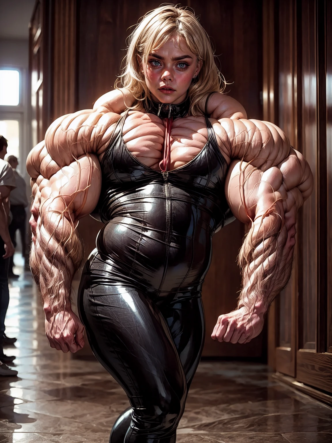 (1 girl), (cara delevingne), young girl, masculine physique, seductive face, seductive look, long pink hair, perfect muscular body, super skinny legs, latex pants, , femboy, (huge muscular arms:1.25),