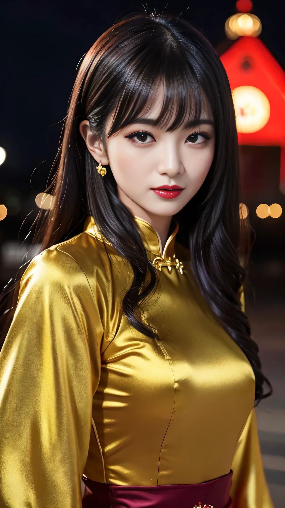 tra-detailed、Japanese、attractive beauty、seductive adult woman、pretty woman、piercing eyes、cool girl、wavy hair、swept bangs、Long Black and Gold Cheongsam、wide sleeves、Evil cadres、evil depravity、brainwash、mind control、lipstick、lip gloss、dark makeup、smirk、whisper in your ear、Evil expression、evil、hollow eyes,half-closed eyes、empty eyes、evil、church at night、vampire、succubus、vampire、Swear allegiance、sexy pose、hair ornaments、