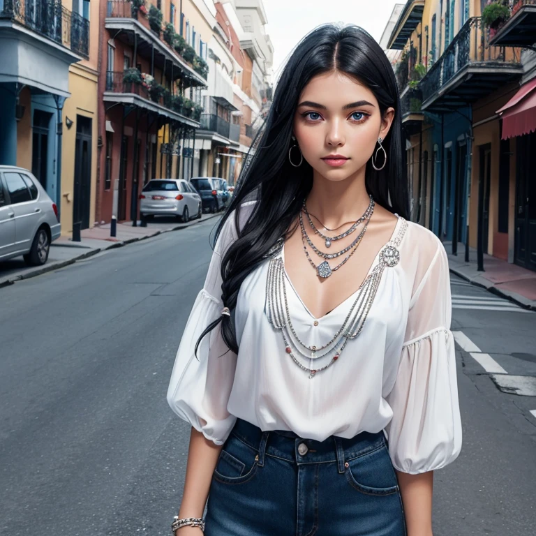 20 year old woman straight black hair with silver beads in her hair white blouse with rose print blue denim skirt blue eyes with native american necklace looking straight at viewer on New Orleans street background 