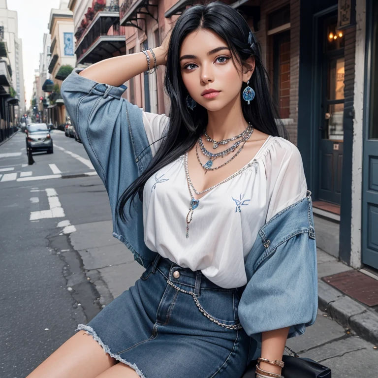 20 year old woman straight black hair with silver beads in her hair white blouse with rose print blue denim skirt blue eyes with native american necklace looking straight at viewer on New Orleans street background