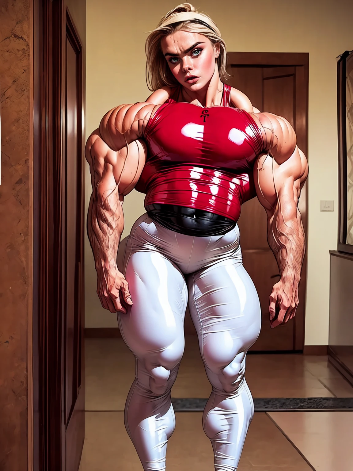 (1 girl), (cara delevingne), young girl, masculine physique, seductive face, seductive look, long pink hair, perfect muscular body, super skinny legs, latex pants, sissy, femboy, (huge muscular arms:1.25),