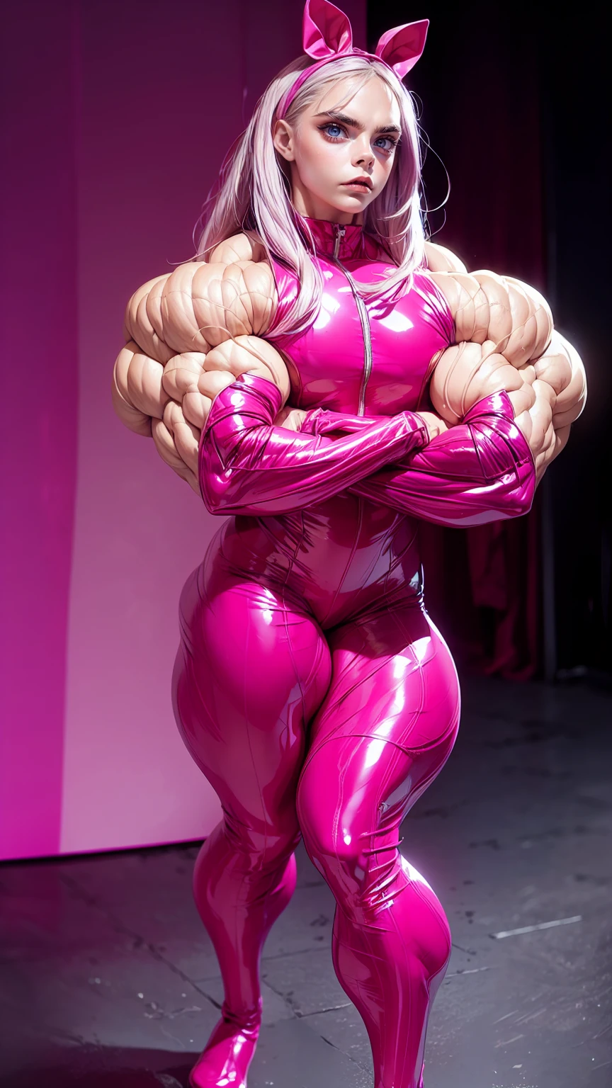 (1 girl), (cara delevingne), young girl, masculine physique, seductive face, seductive look, long pink hair, perfect muscular body, super skinny legs, latex bodysuit, sissy, femboy, (huge muscular arms:1.25),