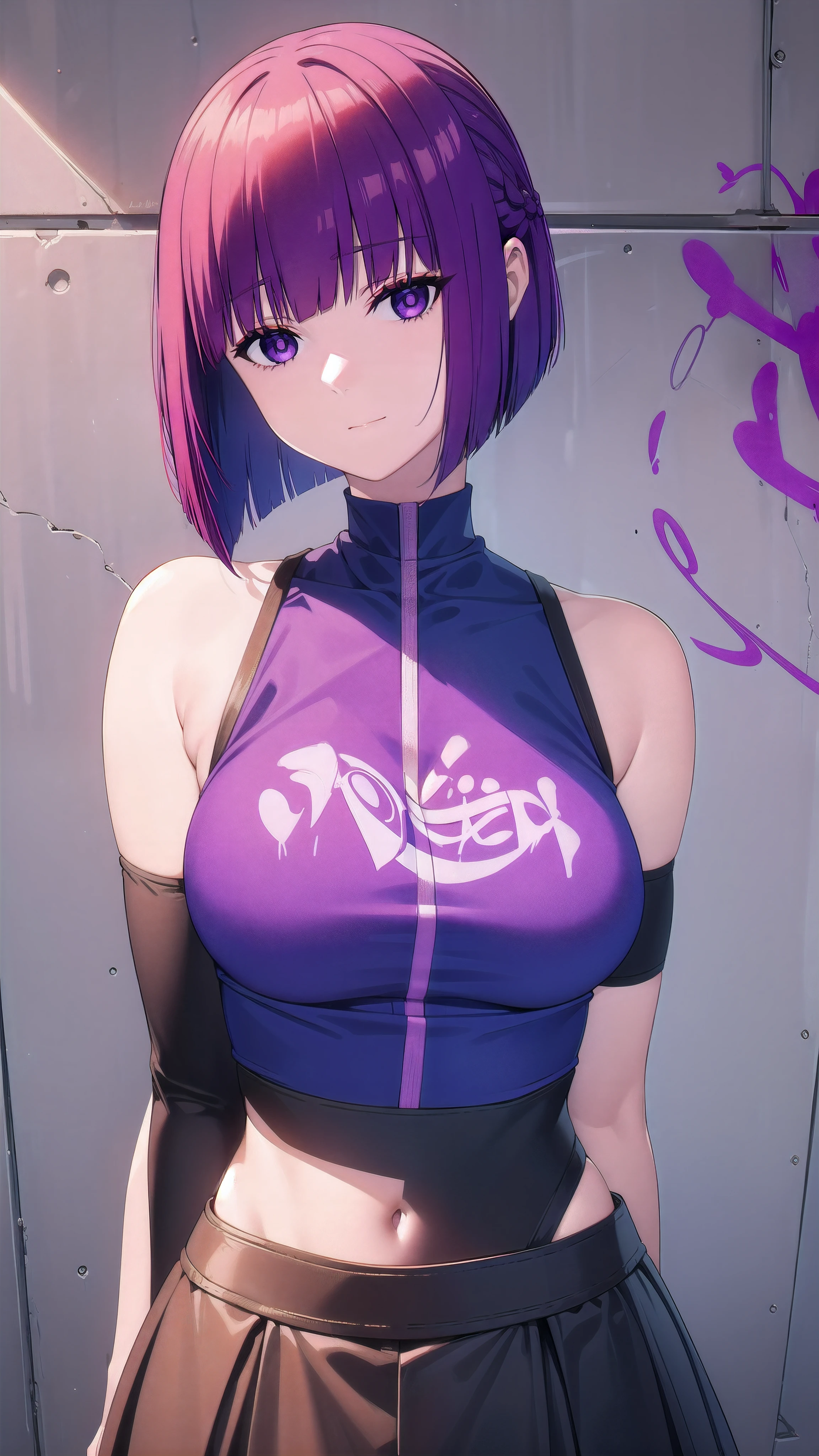 masterpiece, best quality, 1girl, solo, stylish crop top, smile, vibrant short purple hair, bobhair, short-hair, short bob hair, (((bobcut))), bob haircut, very short bob cut, lip length hair, blunt ends, (sciled bob), buzzed nape ((haircut:1.3)), undercut, bobbed hair, minibob, sidecut, shaved, purple eyes, graduation bob, straight short hair, short hair above the ears, Shot diagonally from the side, elegant braid, soft bangs, upper body, alluring choker, (graffiti:1.5), artistic paint splatter, seductive arms behind back, leaning against wall, exposed back, fashionable armband, urban hiphop style, flirty skirt, playful head tilt, intense expression, warm orange, dynamic asymmetrical design, bold geometric shapes, creative street art