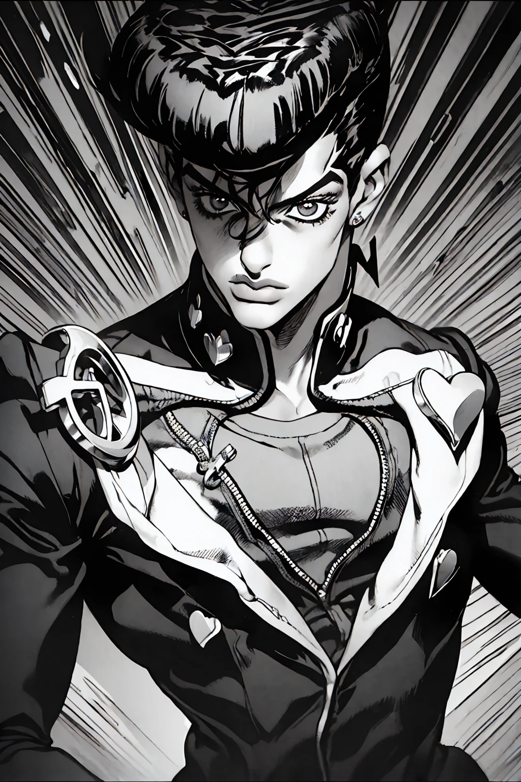 2d art style,Higashikata Josuke, Uniforme escolar, copete, Simbolo de paz, broche, anchor symbol, enfoque masculino, heart, 1 chico, gakuran, degradado, fondo degradado, Negocio, pendientes, Solo, stud pendientes, borroso, joyas, cremallera en la camiseta, cabello purpura, rubor labial, poses, profundidad de campo, ojos azules,(((Josukejojo))), solamente de la cintura para arriba, ojos cristalinos,(( aspecto varonil)), manly aesthetic, belleza,JOJO'S BIZARRE ADVENTURE Part 4 Comic Style | JoJo&#39;s Bizarre Adventure Part 5,poses variadas,