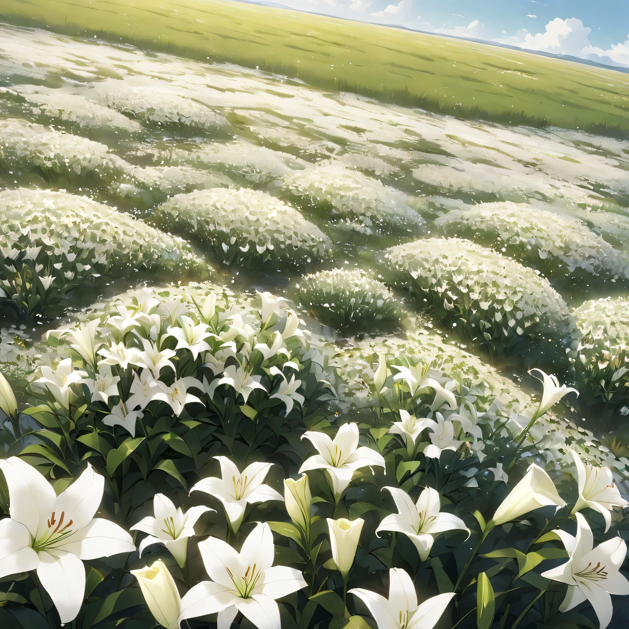 masterpiece, best quality, very aesthetic, absurdres, 

(Illustrations of plants and flowers, no trees, only flowers), 
Lily field in full bloom, pure white lilies, animation, flower field, gentle breeze,
(Prairie, flat land), (Flowers all over: 1.3),