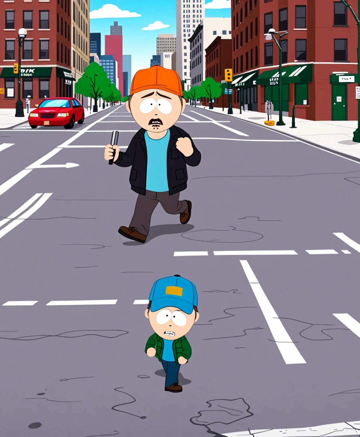 Kenny McCormick working speak rap hold Mic walking on New York City, South Park Style