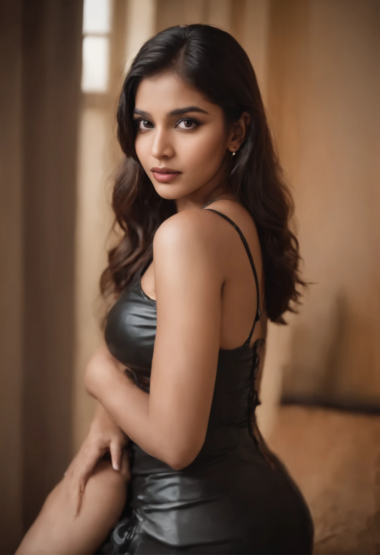 pretty young 18 year old Indian shy girl in a sexy latex revealing erotic maid costume, full body shot, scared expression, , crying, sad face, slutty provocative makeup, perfect body, sexy tits, high heels, tears, closed mouth, sexy legs, black heels