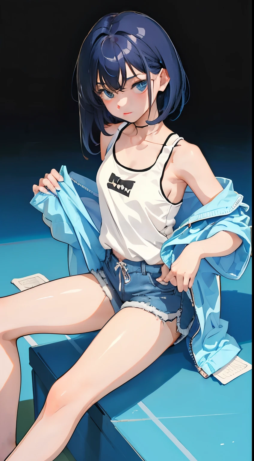 (short cute girl,small young student,young delicate girl),(masterpiece,Top quality),sit on the floor,Tank top,light blue shorts,short sleeve,long black hair,sleepy