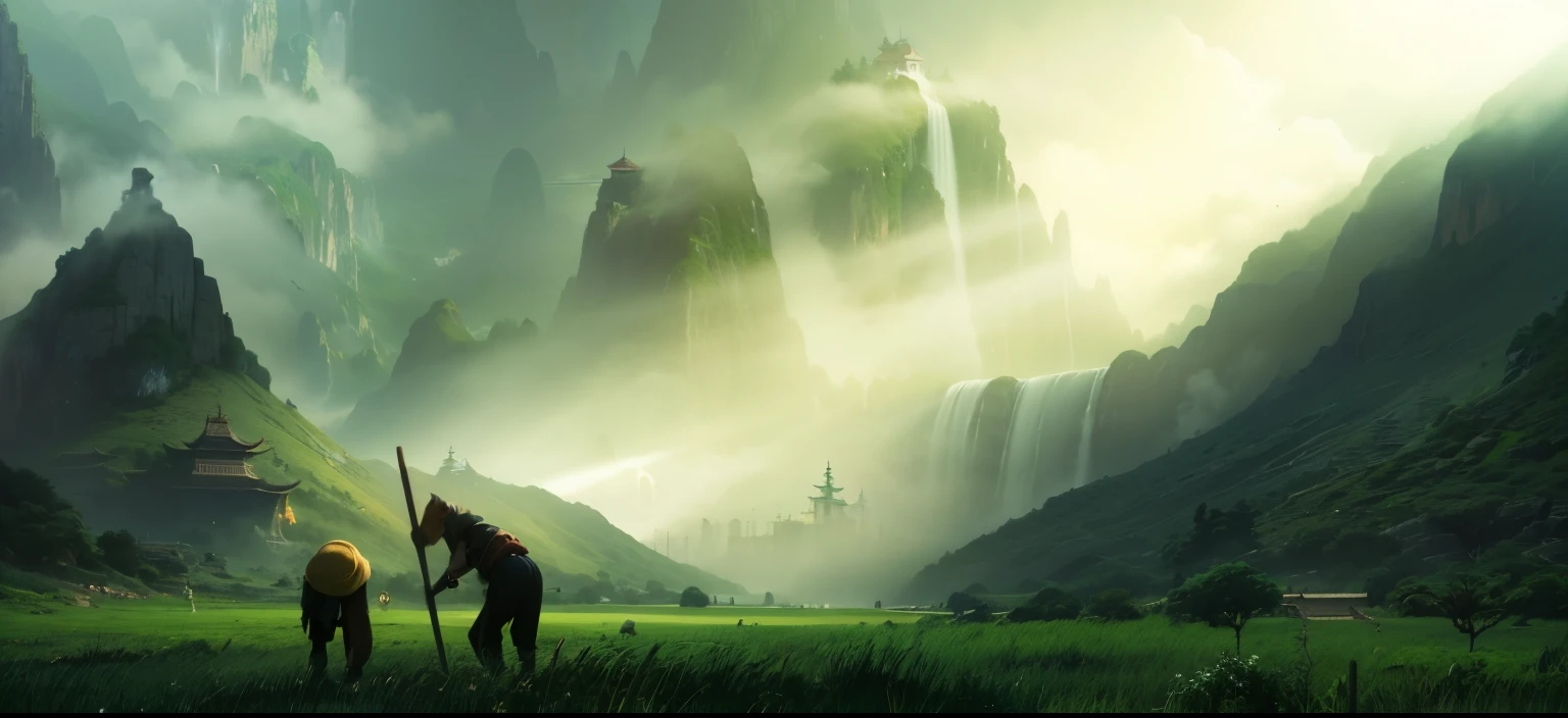Karst Fields, The natural beauty of the Verdescent mythical Chinese Karst fields, Green mountainous chinese Mythical Landscape, Karst mountains and waterfalls in the background, grandiose lighting, tall background mountains and temples, terraced farms, Green color scheme only, Green colors only, Green, Made in Abyss, Stormlight Archive, Studio Ghibli, Anime Key Visual, by Makoto Shinkai, Deep Color, Intricate, 8k resolution concept art, Natural Lighting, Beautiful Composition, Xianxia style