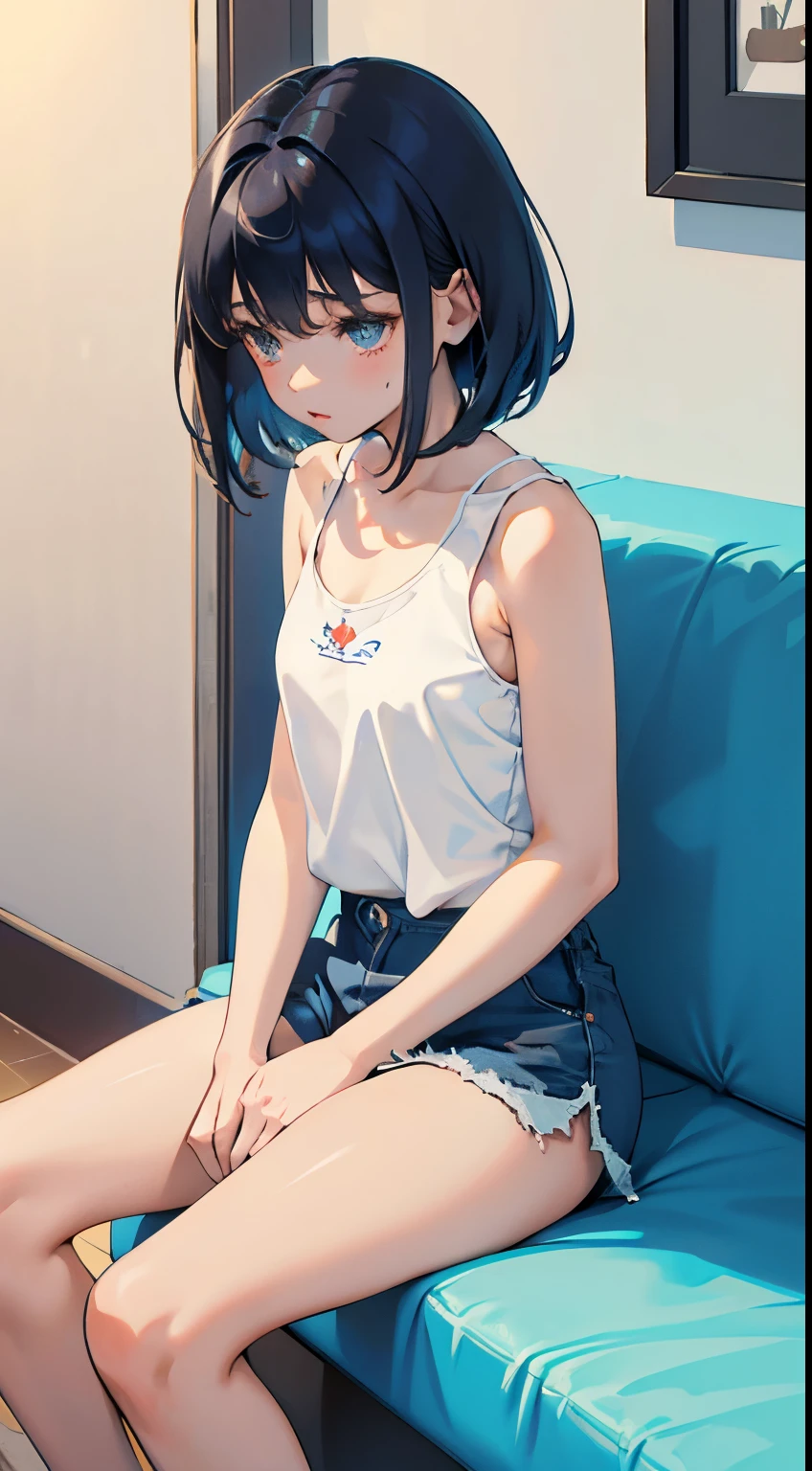 (short cute girl， young studeg delicate girl）,（masterpiece，Top quality)，sit on the floor，Tank top，light blue shorts，short sleeve，long black hair，sleepy