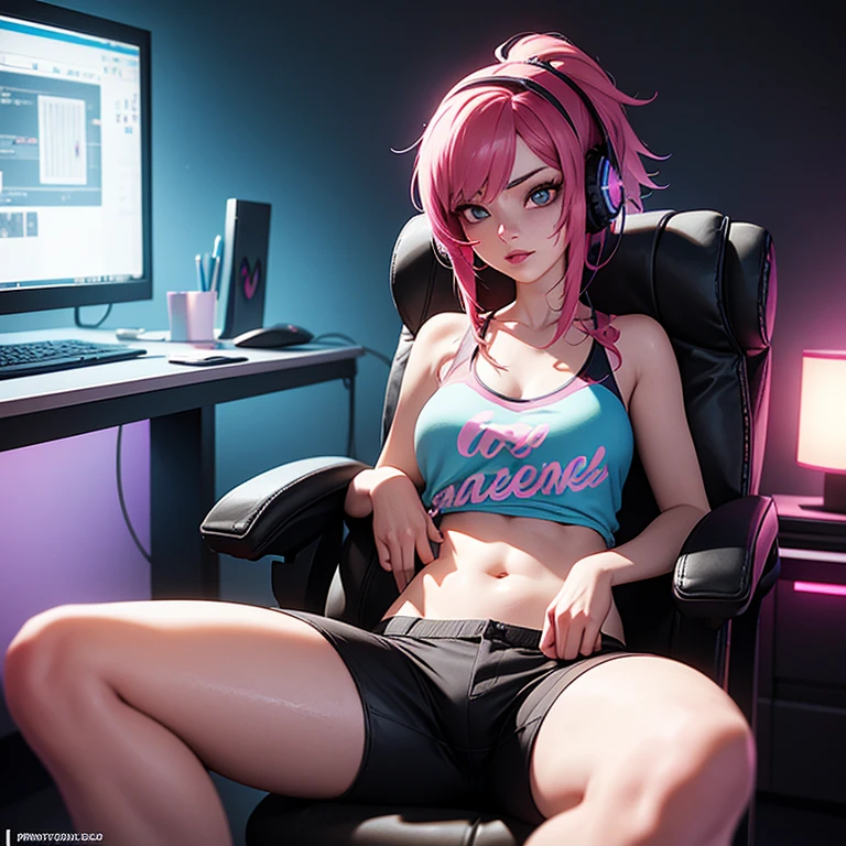 A stunning cinematic vaporwave 3D render of a 23-year-old gamer girl fully immersed in her passion for gaming. She is wearing a colorful, tiny tank top and shorts, displaying her casual, yet stylish gaming attire. Her room is vibrant and energetic, with RGB lights illuminating the space and adorning the walls with gaming posters, plushies, and other nerdy decor. The gamer sits comfortably in her ergonomic gaming chair, legs slightly open and feet up on her desk, exuding confidence and a sense of relaxation. She wears headphones and focuses intently on her game, showcasing the joy and empowerment of female gamers in their element., 3d render, cinematic, photo