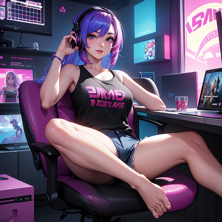 A stunning cinematic vaporwave 3D render of a 23-year-old gamer girl fully immersed in her passion for gaming. She is wearing a colorful, tiny tank top and shorts, displaying her casual, yet stylish gaming attire. Her room is vibrant and energetic, with RGB lights illuminating the space and adorning the walls with gaming posters, plushies, and other nerdy decor. The gamer sits comfortably in her ergonomic gaming chair, legs slightly open and feet up on her desk, exuding confidence and a sense of relaxation. She wears headphones and focuses intently on her game, showcasing the joy and empowerment of female gamers in their element., 3d render, cinematic, photo