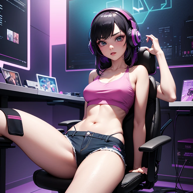 A stunning cinematic vaporwave 3D render of a 23-year-old gamer girl fully immersed in her passion for gaming. She is wearing a colorful, tiny tank top with her out and tiny shorts, displaying her casual, yet stylish gaming attire. Her room is vibrant and energetic, with RGB lights illuminating the space and adorning the walls with gaming posters, plushies, and other nerdy decor. The gamer sits comfortably in her ergonomic gaming chair, legs slightly open and feet up on her desk, exuding confidence and a sense of relaxation. She wears headphones and focuses intently on her game, showcasing the joy and empowerment of female gamers in their element., 3d render, cinematic, photo