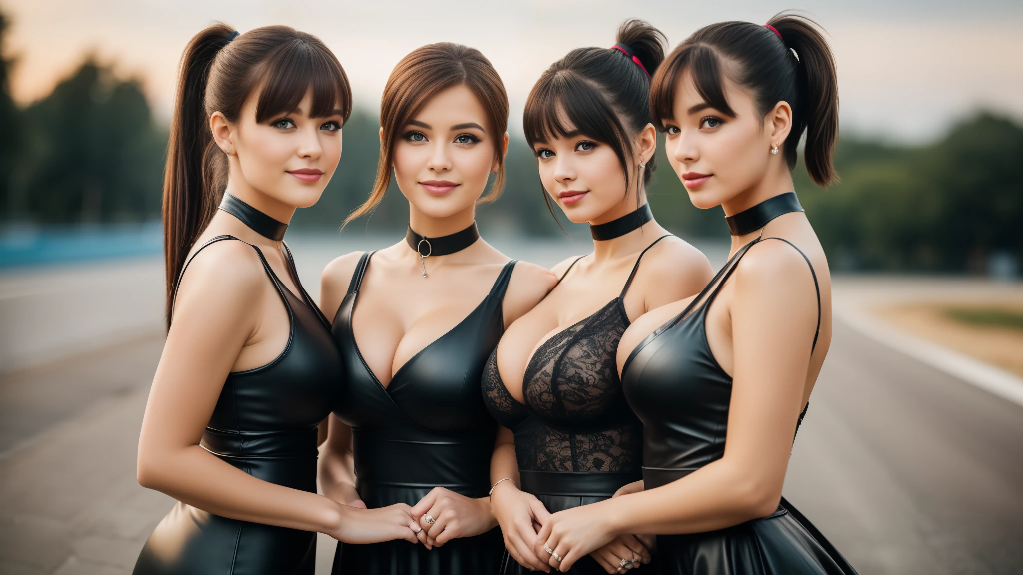 three girls, masterpiece,best qualtiy,hdr, hyper HD, 8K,Bokeh,Ultra-fine painting,Sharp focus,Physically-based rendering,Extreme detail description,portraitures,full-body photo,looking at viewer, (big breasts:1.3), red and black dress, sexy smile, Leather, choker, (long ponytail with bangs), (EOS R8, 50 millimeters, F1.2, 8K, RAW photo:1.2), photograph by arny freytag