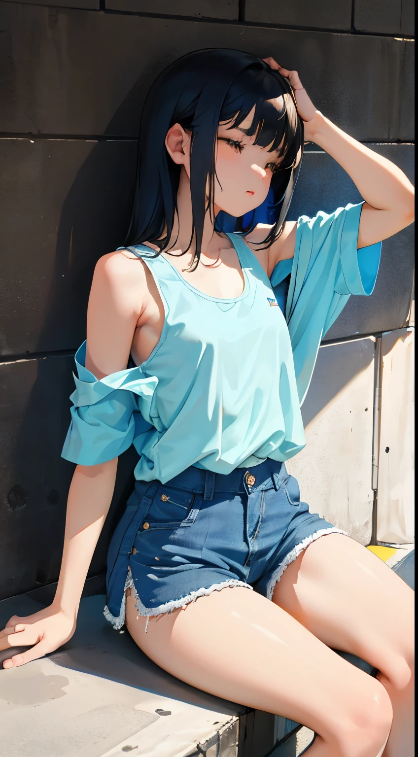 (short cute girl, young studeg delicate girl),(masterpiece,Top quality),sit on the floor,Tank top,light blue shorts,short sleeve,long black hair,sleepy