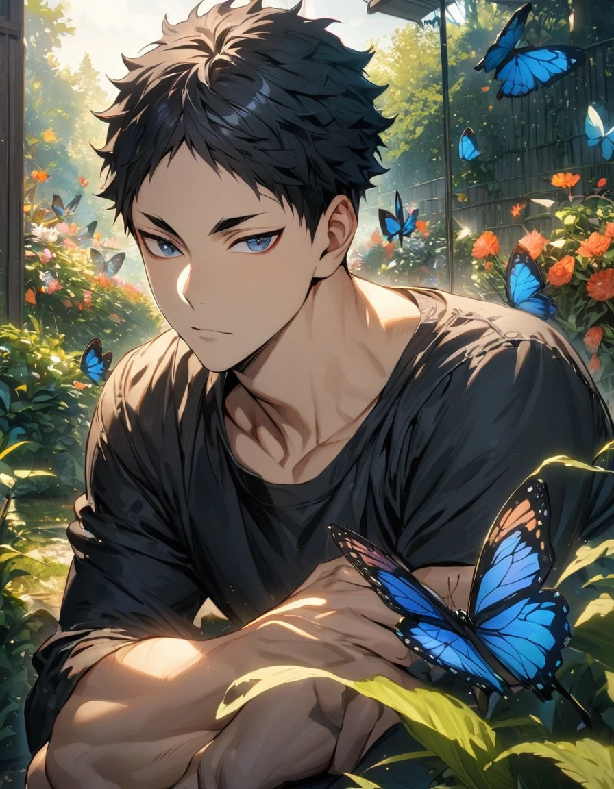 absurdres, highres, ultra detailed, HDR), masterpiece, Akaashi Keiji holding vaporion, vibrant dark blue eyes, black hair, Haikyuu, 1man, handsome, garden, butterflies