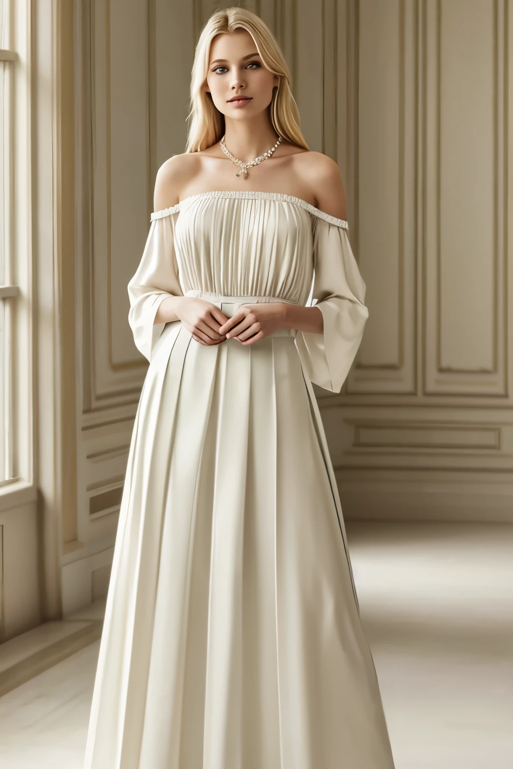 A beautiful blonde housemaid, dressed in pristine white, stands in the middle of a serene room. Her long, golden locks cascade down her back, framing her delicate face with soft waves. Her bright blue eyes sparkle with a gentle light, as she looks up from her cleaning task, meeting the viewer's gaze. Her outfit consists of a high-necked, floor-length blouse and a full, pleated skirt, highlighting her slender figure. The folds of her clothing cling to her body, revealing some bare shoulder, adding to her alluring appeal. A delicate pearl necklace adorns her neck, accentuating her graceful elegance.