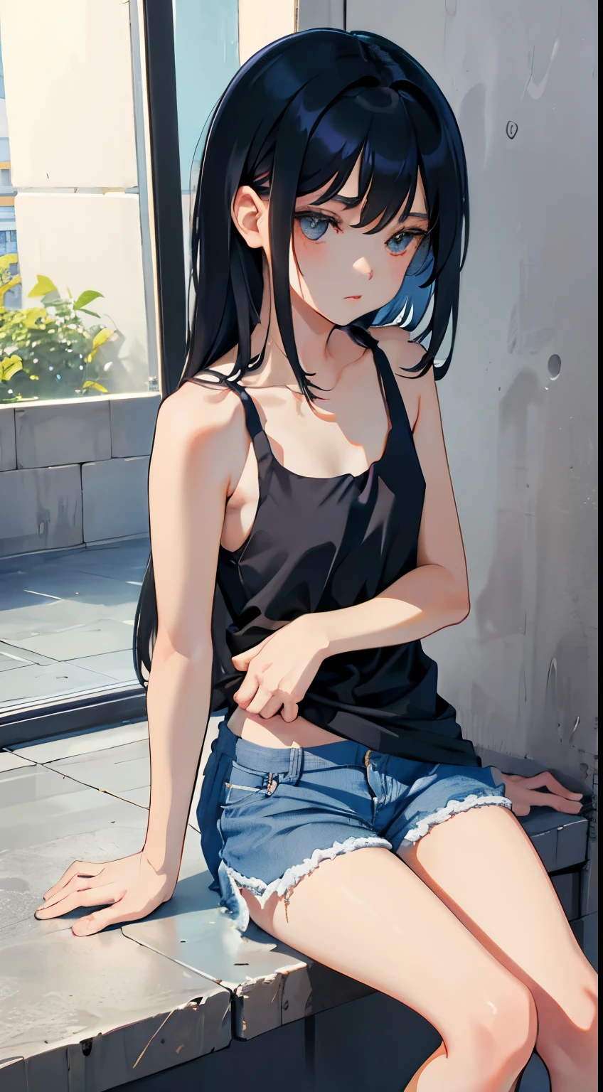 (short cute girl，small young student，young delicate girl）,（masterpiece，Top quality)，sit on the floor，Tank top，light blue shorts，short sleeve，long black hair，sleepy