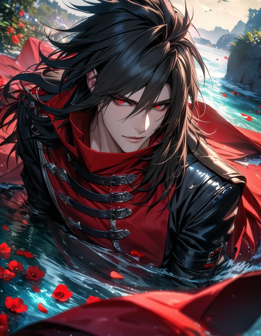 Ultra detailed, highres, absurdres, HDR, Vincent Valentine, black hair, red eyes, Final Fantasy dirge of cerberus, 1 man only, handsome, water, flowers and red petals, summer, black leather clothes,