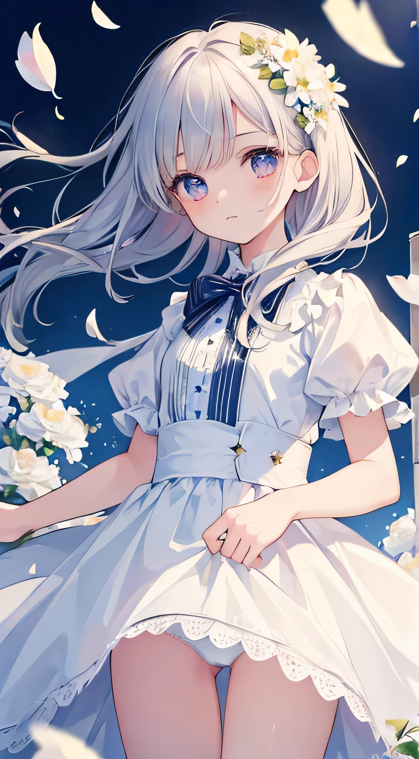 (masterpiece, highest quality:1.6), white lace dress, cowboy shot, thighs, beautiful girl, (flowers, lots of small white petals:1.3), garden, blue sky, looking at the viewer, thin waist, official art, Raw photo, incredibly absurd, face light, dynamic lighting, cinematic lighting, surreal, High resolution, photo shoot, sharp focus, most detailed, very detailed, super detailed, finely, very detailed目と顔, Panty shot, pink underwear