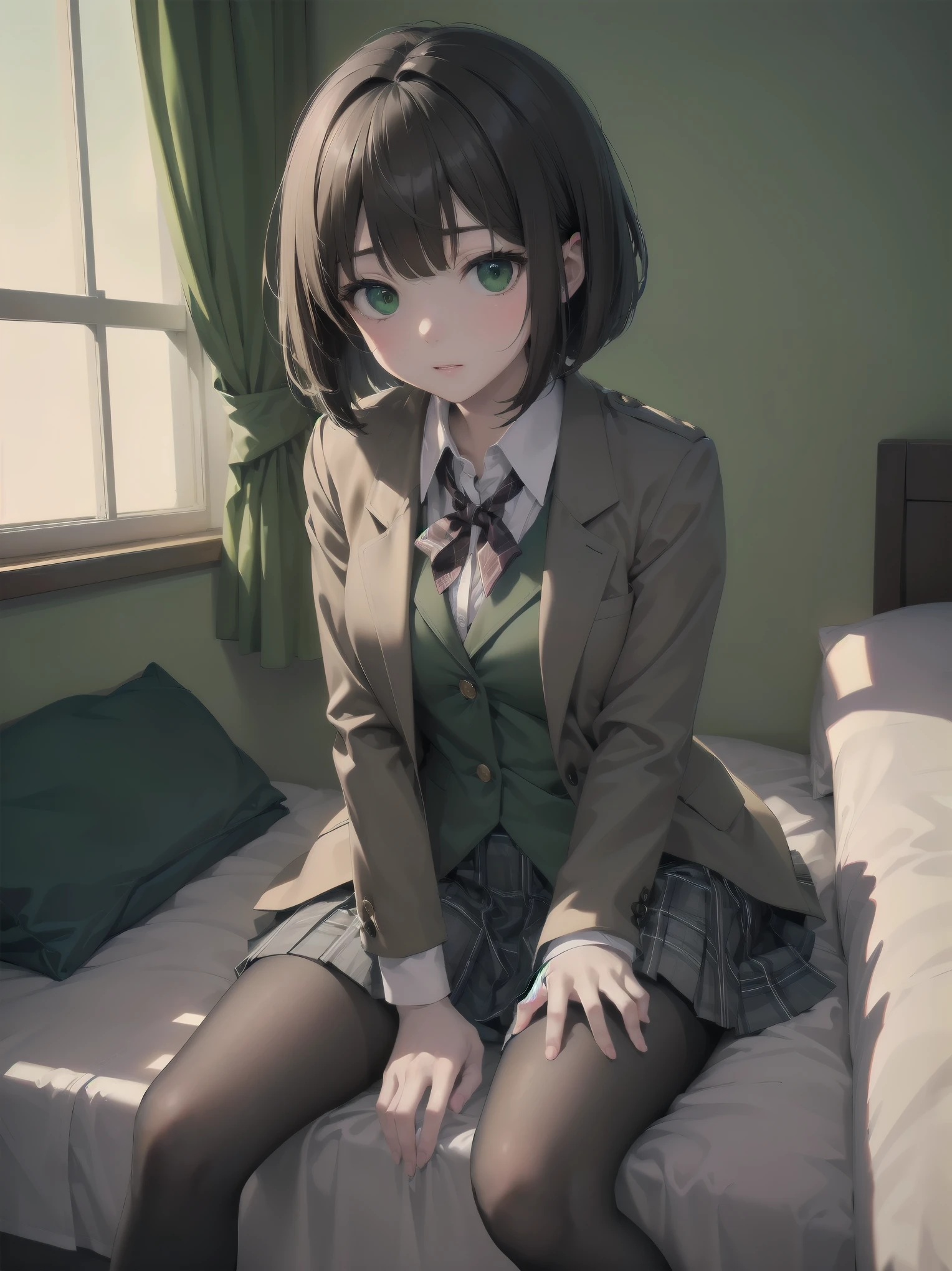 Top-High quality、Highest image quality、masterpiece、high contrast、Vulgarity、high school girl、on the bed、brown hair、bob cut、uniform、(brown blazer)、ribbon tie、(Green and gray plaid skirt)、(black tights)、cinematic lighting、fine shading