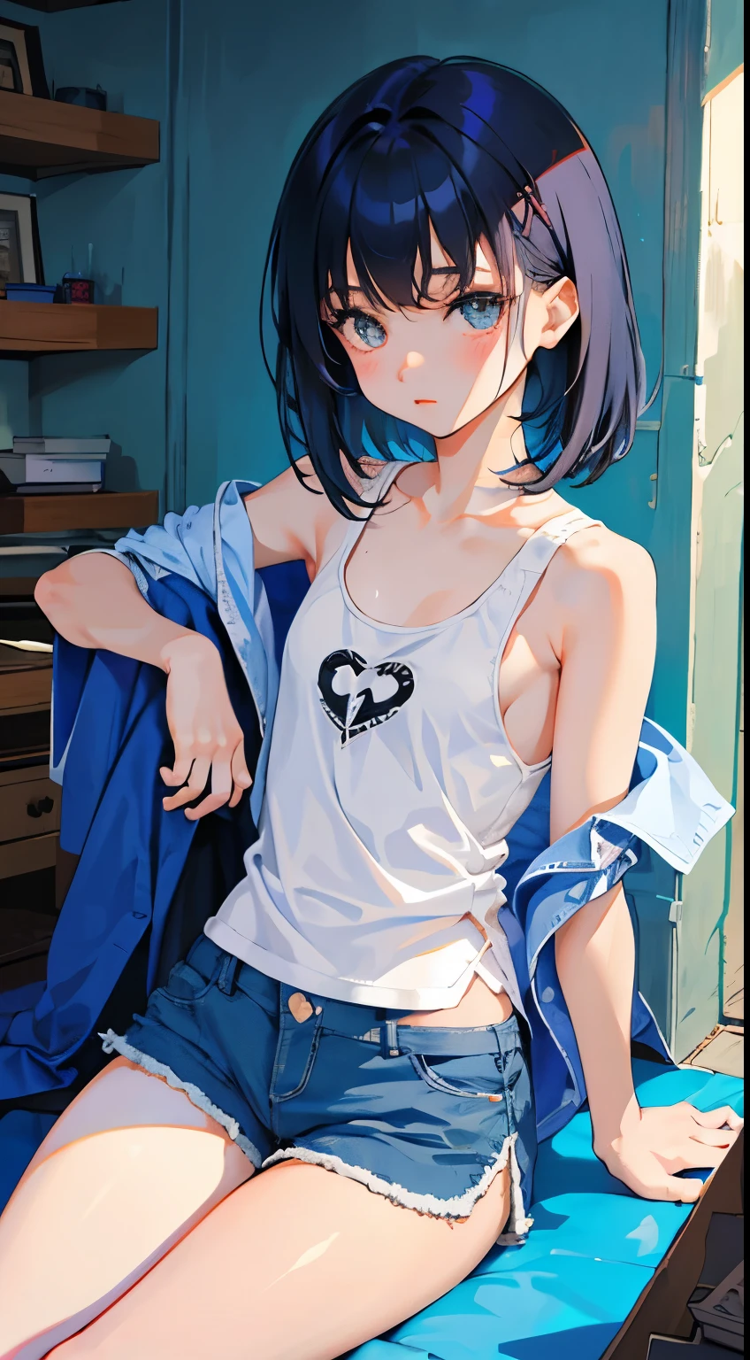 (short cute girl,small young student,young delicate girl),(masterpiece,Top quality),sit on the floor,Tank top,light blue shorts,short sleeve,long black hair,sleepy