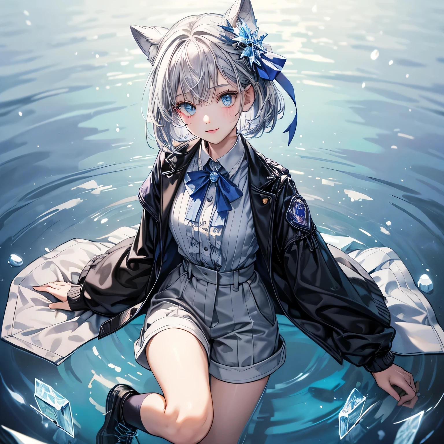 ((top-quality)), ((​masterpiece)), ((ultra-detailliert)), (Extremely delicate and beautiful), girl with, solo, cold attitude,((Black jacket)),She is very(relax)with  the(Settled down)Looks,A dark-haired, depth of fields,Evil smile,Bubble, under the water, Air bubble,bright light blue eyes,inner color with bright gray hair and light blue tips,,,,,,,Cold background,Bob Hair - Linear Art, shortpants、knee high socks、White uniform like 、Light blue ribbon ties、Clothes are sheer、Hands in pockets、Bright eyes like sapphire,Fronllesse Blue, A small blue light was floating、Upper Eyes、glass shards、Snowflake eyes、fantastic eyes、Halloween、Orange and purple Halloween background