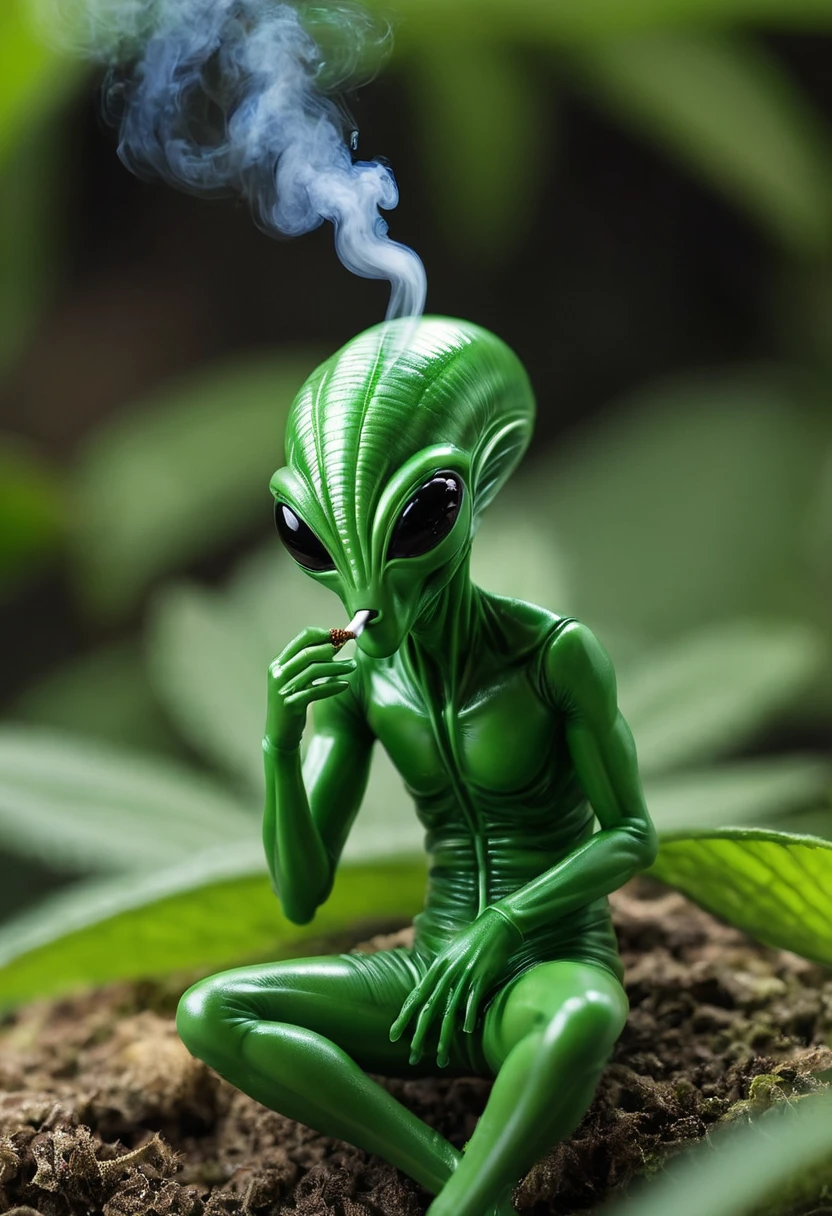 Druged female alien, huge, capsuled female alien 3 d art, stunning artwork, extremely high quality artwork, beautiful artwork, colorful hyperrealism, beeple colors, Female Ganja alien, marihuana, critical, canabis sativa,THC, smoking a big joint, smoke, fume, 3d render, marijuana leaves, magic marijuana plants in background, wide shot, (best quality,4k,8k,highres,masterpiece:1.2),ultra-detailed,(realistic,photorealistic,photo-realistic:1.37),HDR,UHD,studio lighting,ultra-fine painting,sharp focus,physically-based rendering,extreme detail description,professional,vivid colors,bokeh. Attention：Original art by Tupu.