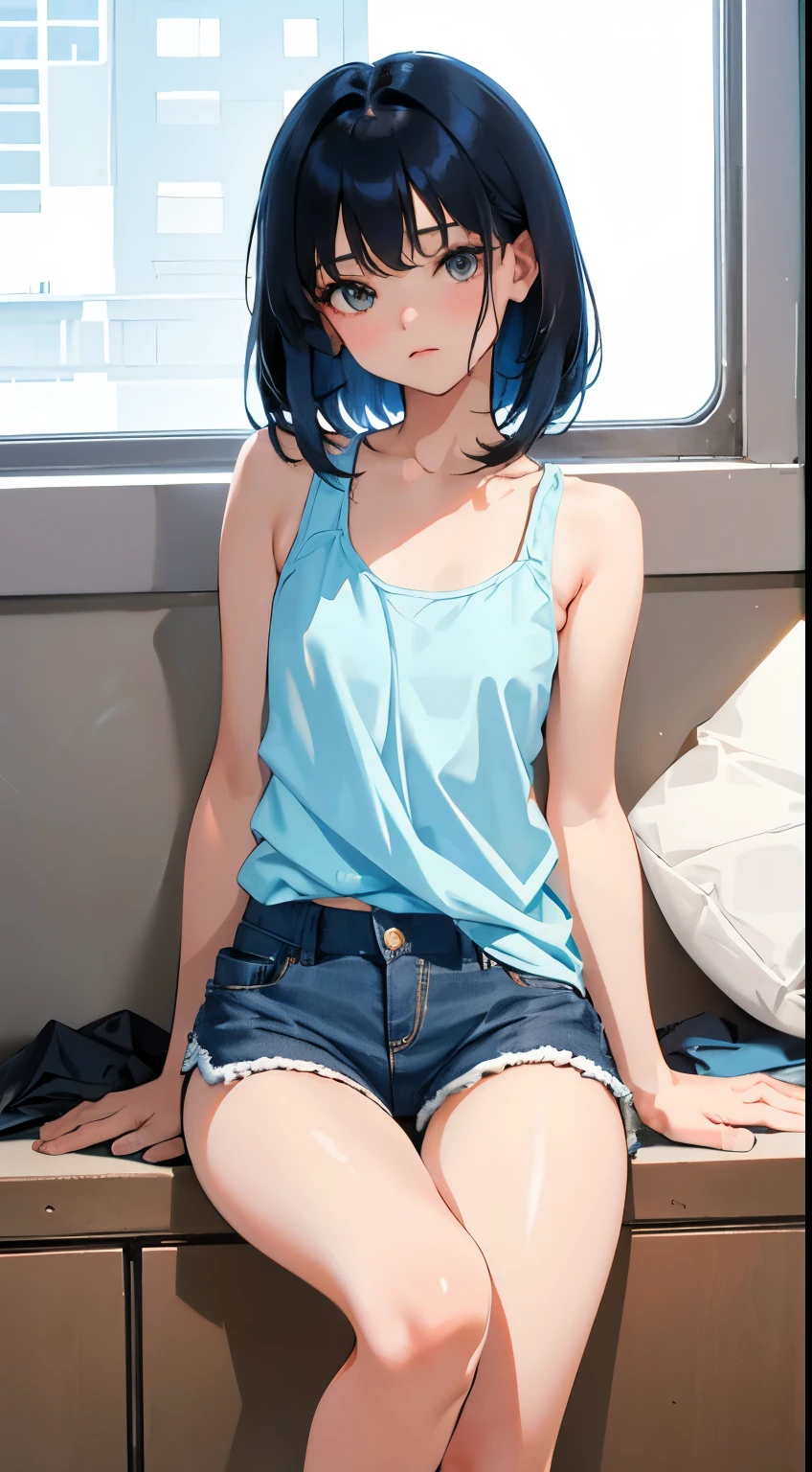 (short cute girl, young studeg delicate girl),(masterpiece,Top quality),sit on the floor,Tank top,light blue shorts,short sleeve,long black hair,sleepy