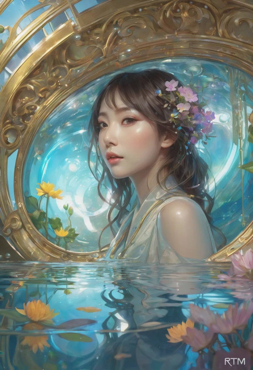 water, refraction of light, reflection, mirror, prism, sunlight, fluorescent light!! หรูหราandซับซ้อน, Highly detailed, digital painting, art station, concept art, smooth, Sharp focus, illustration, Art by ( ( ( ( RTM germs ) ) ) ) and ( Greg Rutkowski )! and ( ( ( Alphonse Mucha ) ) ), Eyes reflecting eyes reflect infinity.