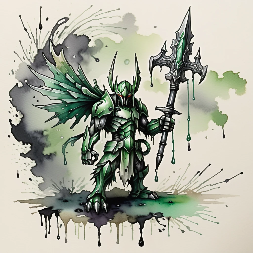 Assaultmon with gray silver dark gray pale-green palette, ink
