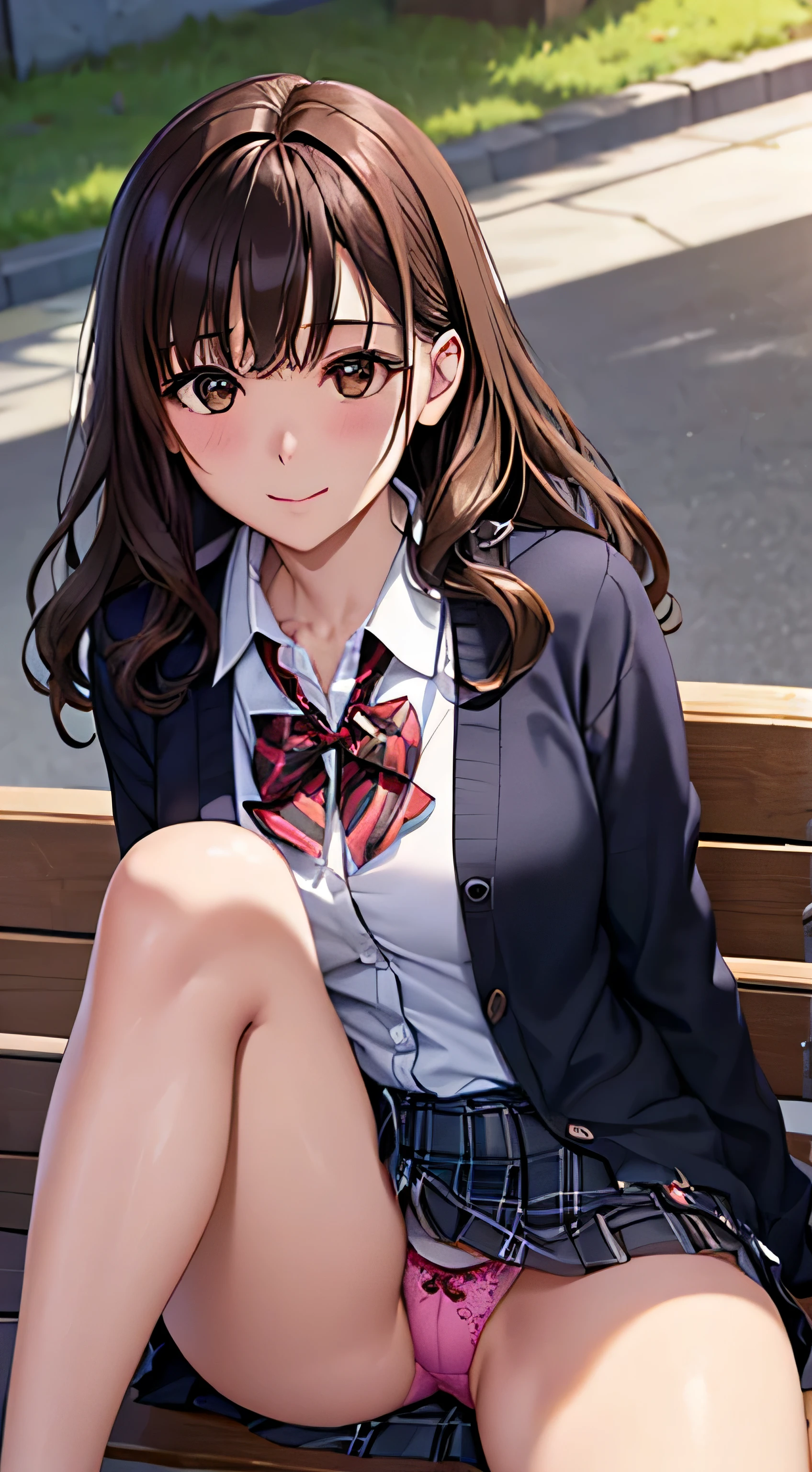 (table top, highest quality, High resolution, , perfect pixel, 4k,), 1 girl, single, alone, Beautiful woman、I could see the whole body、 ((wavy middle hair, bangs, brown hair)), ((brown eyes, beautiful eyelashes, realistic eyes)), ((detailed face, blush:1.2)), ((smooth texture:0.75, realistic texture:0.65, realistic:1.1, Anime CG style)), medium breasts, dynamic angle, perfect body, ((red bow tie, , black jacket, open jacket,cardigan, white shirt, black skirt, shirt unbuttoned、plaid skirt)), upper grade、shy smile、school poolside、evening、sit on a bench、(open your legs、get down on one knee、、pink floral lace panties)、