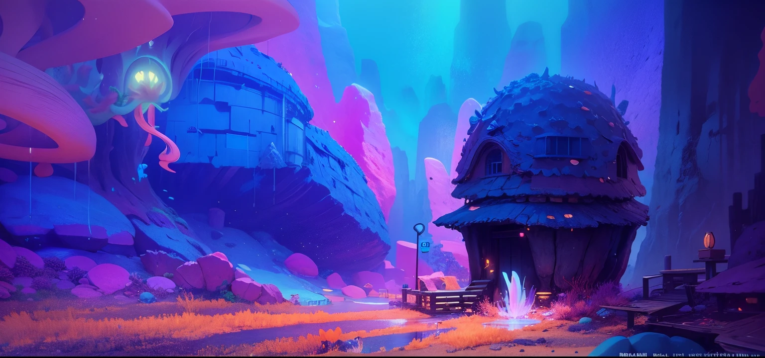 Coral Undersea Village, A small underwater Shack made of Grand coral structures, staghorn coral, elkhorn coral, lettuce leaf coral, Bioluminescent city, grand cliffs in the background, coral cliffs, glowing hues, Turquoise and purple color scheme only, Turquoise and purple colors only, Turquoise and purple, Made in Abyss, Stormlight Archive, Studio Ghibli, Anime Key Visual, by Makoto Shinkai, Deep Color, Intricate, 8k resolution concept art, Natural Lighting, Beautiful Composition