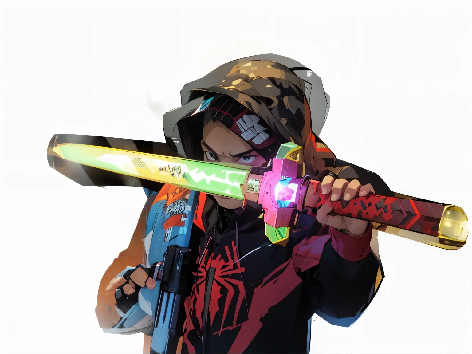 kid ninja, exhausted from battle, holding rifle rail gun, beam sword, wearing a spider hoodie, intense battle scars, agile and nimble, stealthy movements, dark and shadowy atmosphere, fierce determination, smoke and dust particles, dynamic poses, sharp and precise strikes, muted color palette, dramatic lighting, gusts of wind, katana flying through the air, intense fight scene, adrenaline pumping, iconic ninja mask, ninja star shurikens flying, eye-catching action, dramatic climax, epic battle, in front of an electric web