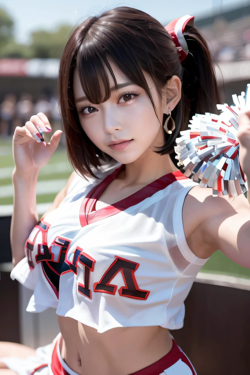 baseball Ground、(Cheerleader:1.7)、Women cheering、A girl alone in the rain、cheeks turn red、look at the audience、heavy rain、big breasts、I don&#39;t have an umbrella、under the rain、girl without an umbrella、wet face,wet skin、wet body、wet costume、wet hair、flower、hairpin、necklace、Looking up from under the earrings、Depth of written boundary、pointed red mouth、(reddish brown wet shiny short hair),red mouth,clavicle、beautiful fingers、hourglass body、full body portrait、cute wet face、digital illustration,Single-lens reflex camera, (Photoreal:1.3),(Raw photo.), (table top,highest quality,Ultra high resolution output image,) (8K quality,),(Image mode Ultra HD,),(Image mode Ultra HD)、