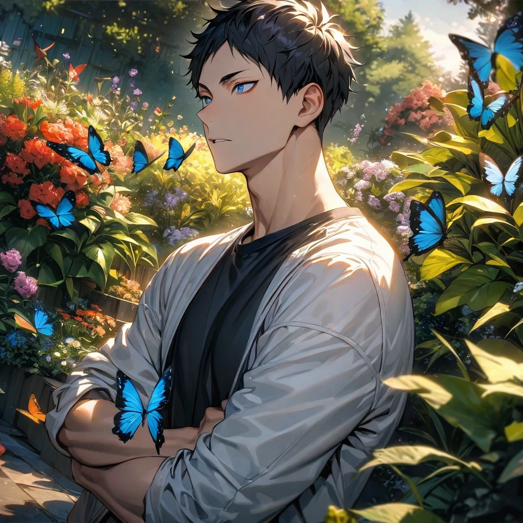 absurdres, highres, ultra detailed, HDR), masterpiece, Akaashi Keiji, vibrant dark blue eyes, black hair, Haikyuu, 1man, handsome, garden, butterflies, white jacket, black T-shirt