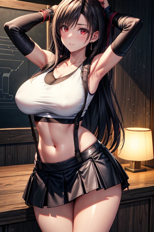8K,masterpiece, quality,big,realistic8K UHD.extremely detailed beautiful girl,DSLR,,(1 girl), tifa lockhart, red_eye, black hair, long hair, (shiny skin: 1.2), shiny,beautiful studio soft light, ((最高quality)), , , detailed, perfect face, perfect body,(big breasts),wideboob,before (22 years, Cool and beautiful facial features for adults), worn (suspenders black skirt), black elbow gloves, white tight shirt, thigh, white tank top, belly button, clavicle, red面, (Mitgal)Are standing,pov,(looking at viewer,),soro focus,,panty shot:1.2,Detailed face and skin texture,arms up,behind,openstance,